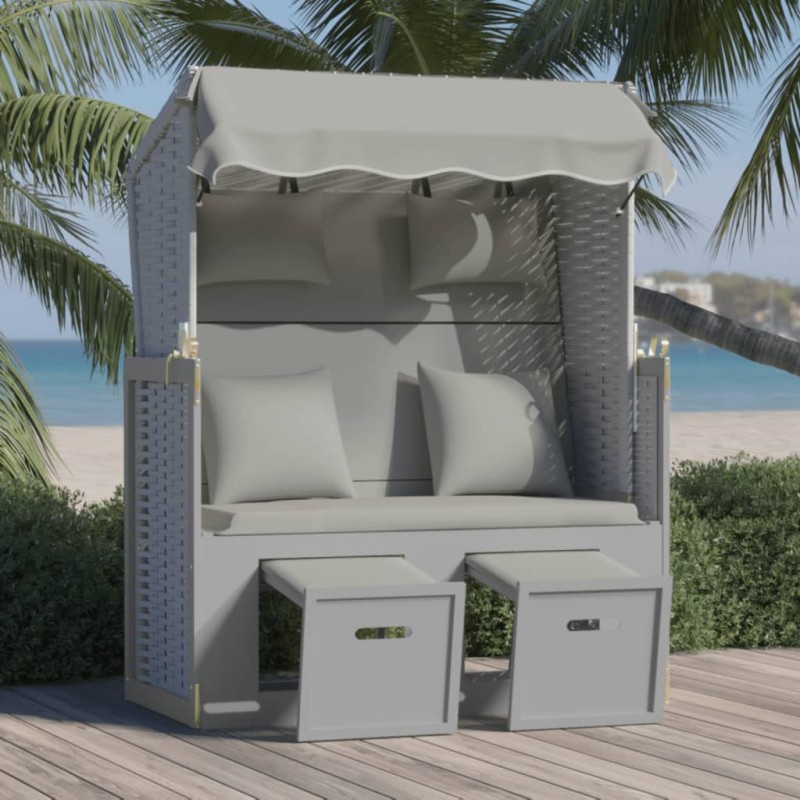 vidaXL Silla playa Strandkorb con cojines ratán sintético madera gris vidaXL Silla playa Strandkorb con cojines ratán sintético madera gris