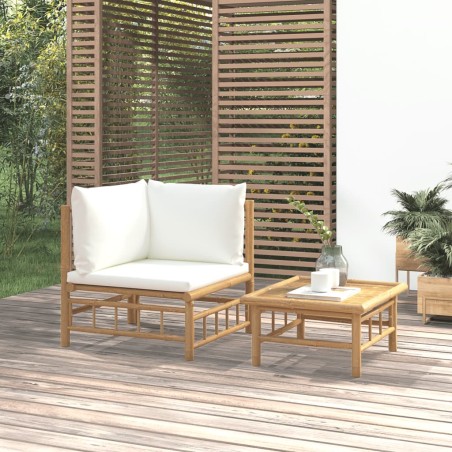vidaXL Set de muebles de jardín 2 piezas bambú y cojines blanco crema