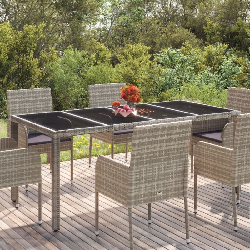 vidaXL Mesa de jardín superficie de vidrio ratán PE gris 190x90x75 cm vidaXL Mesa de jardín superficie de vidrio ratán PE gris 190x90x75 cm