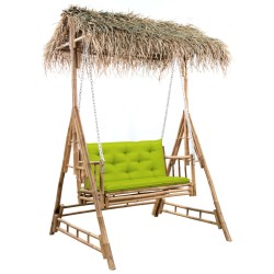vidaXL Banco columpio de 2 plazas hojas de palma y cojín bambú 202 cm