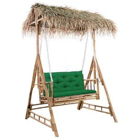vidaXL Banco columpio de 2 plazas hojas de palma y cojín bambú 202 cm