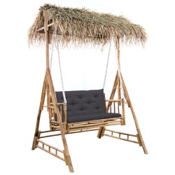 vidaXL Banco columpio de 2 plazas hojas de palma y cojín bambú 202 cm