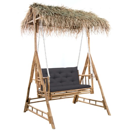 vidaXL Banco columpio de 2 plazas hojas de palma y cojín bambú 202 cm