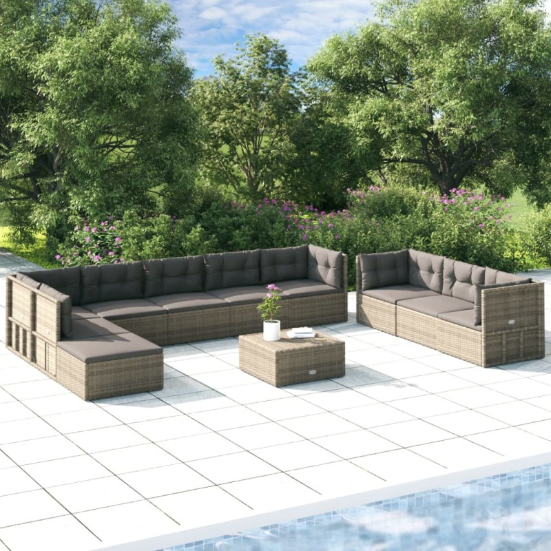 vidaXL Set de muebles de jardín 10 pzas y cojines ratán sintético gris vidaXL Set de muebles de jardín 10 pzas y cojines ratán sintético gris