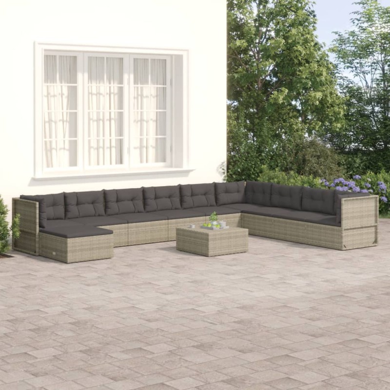 vidaXL Set de muebles de jardín 10 pzas y cojines ratán sintético gris vidaXL Set de muebles de jardín 10 pzas y cojines ratán sintético gris