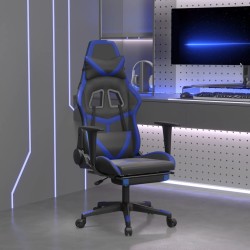 vidaXL Silla gaming de masaje y reposapiés cuero sintético negro azul