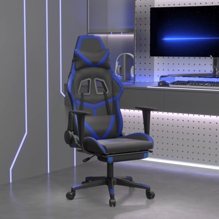 vidaXL Silla gaming de masaje y reposapiés cuero sintético negro azul