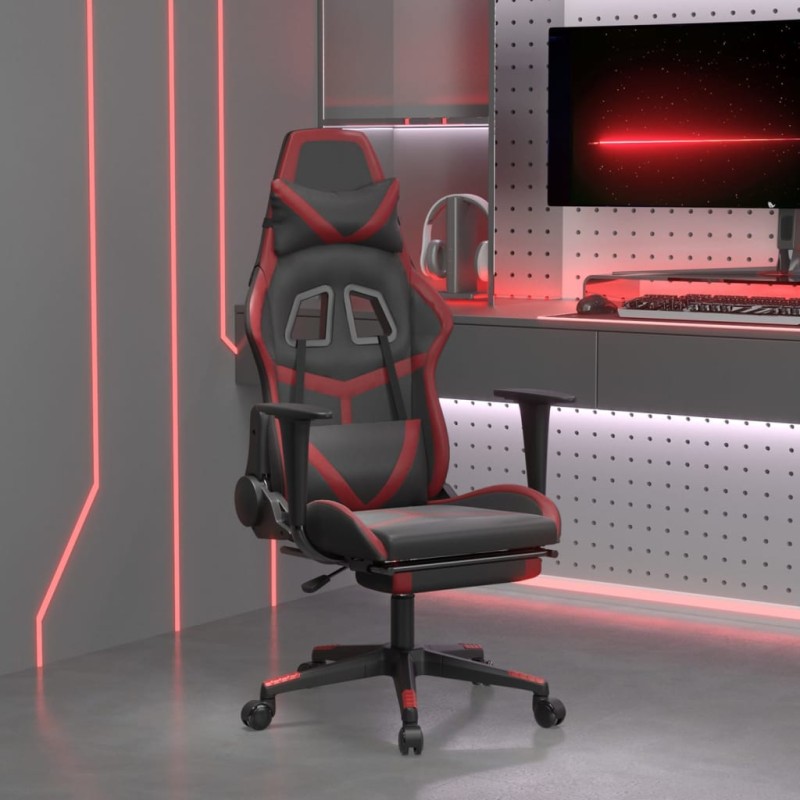 vidaXL Silla gaming masaje reposapiés cuero sintético negro rojo tinto vidaXL Silla gaming masaje reposapiés cuero sintético negro rojo tinto