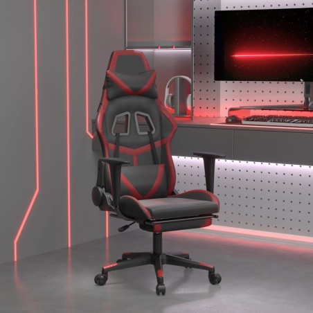 vidaXL Silla gaming masaje reposapiés cuero sintético negro rojo tinto