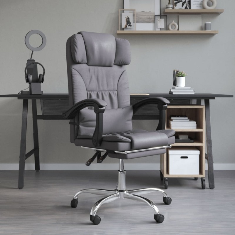 vidaXL Silla de oficina reclinable masaje cuero sintético gris vidaXL Silla de oficina reclinable masaje cuero sintético gris