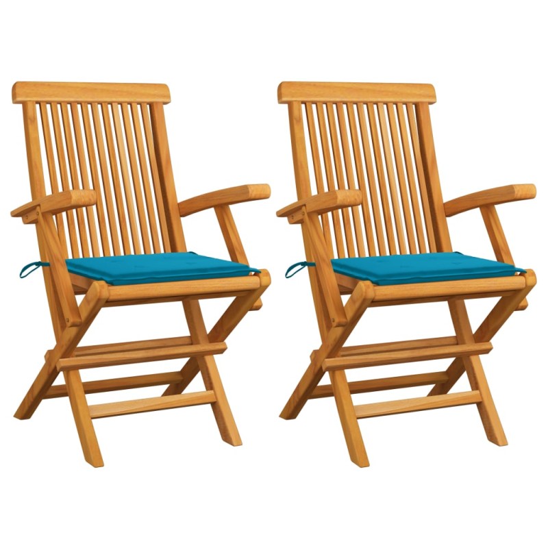 vidaXL Sillas de jardín 2 uds madera maciza de teca con cojines azules vidaXL Sillas de jardín 2 uds madera maciza de teca con cojines azules