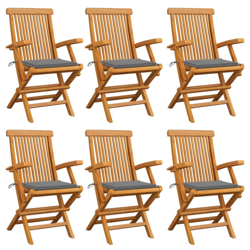 vidaXL Sillas de jardín 6 uds madera maciza de teca con cojines grises vidaXL Sillas de jardín 6 uds madera maciza de teca con cojines grises