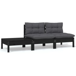 vidaXL Juego muebles de jardín 3 pzas cojines negro madera pino maciza