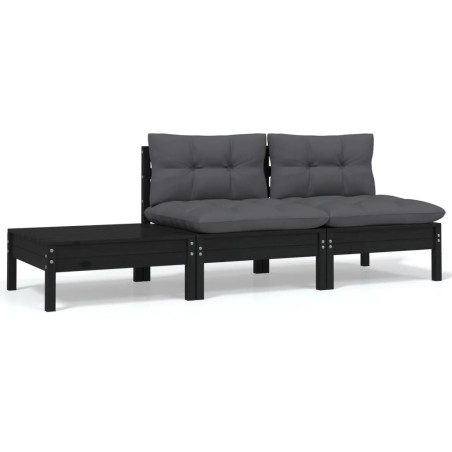 vidaXL Juego muebles de jardín 3 pzas cojines negro madera pino maciza