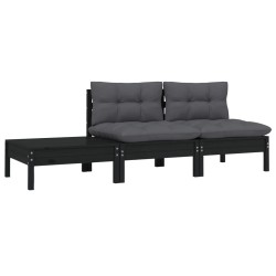 vidaXL Juego muebles de jardín 3 pzas cojines negro madera pino maciza