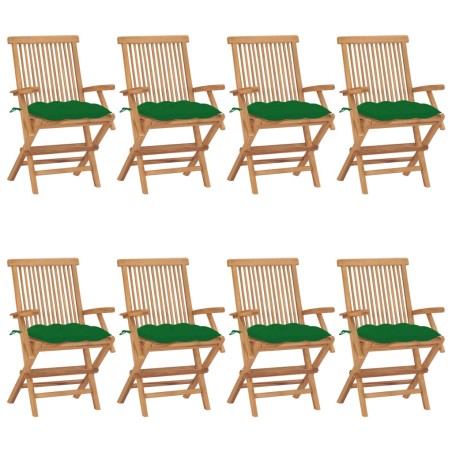 vidaXL Sillas de jardín 8 uds madera maciza de teca con cojines verdes