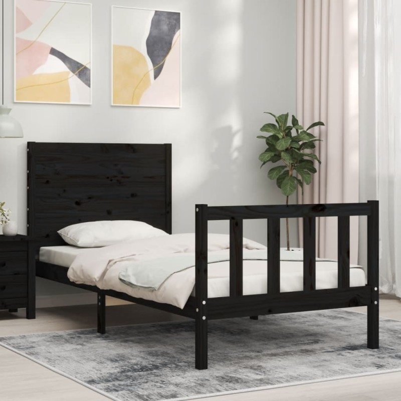 vidaXL Estructura de cama individual con cabecero madera maciza negro vidaXL Estructura de cama individual con cabecero madera maciza negro