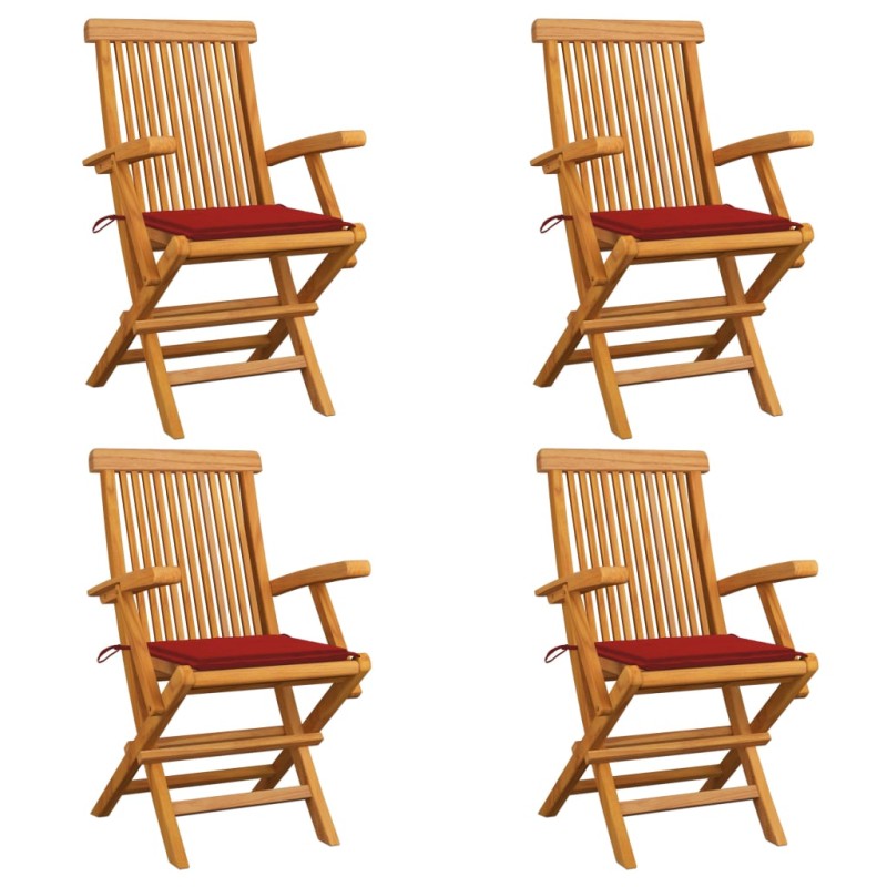 vidaXL Sillas de jardín 4 uds madera maciza de teca con cojines rojos vidaXL Sillas de jardín 4 uds madera maciza de teca con cojines rojos