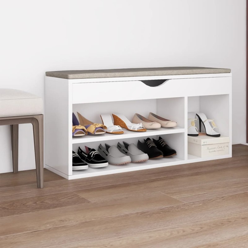 vidaXL Banco zapatero con cojín madera ingeniería blanco 104x30x49 cm vidaXL Banco zapatero con cojín madera ingeniería blanco 104x30x49 cm