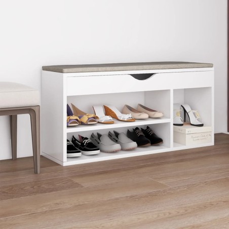 vidaXL Banco zapatero con cojín madera ingeniería blanco 104x30x49 cm