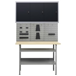 vidaXL Banco de trabajo con tres paneles de pared y un armario