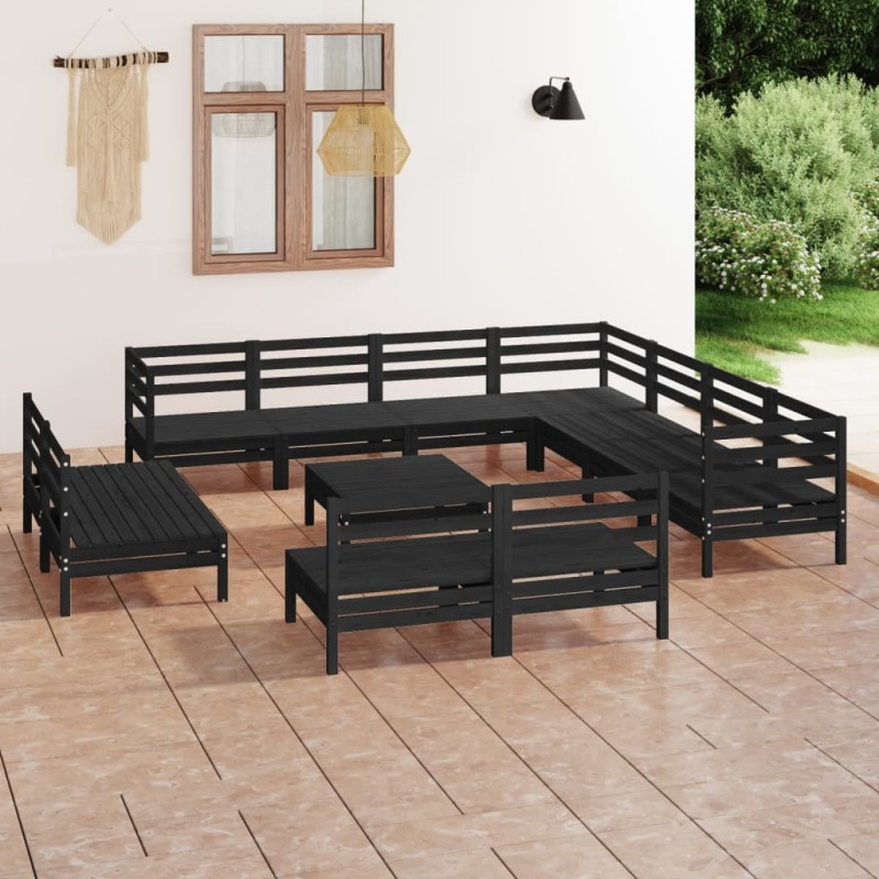 vidaXL Juego de muebles de jardín 12 pzas madera maciza de pino negro vidaXL Juego de muebles de jardín 12 pzas madera maciza de pino negro