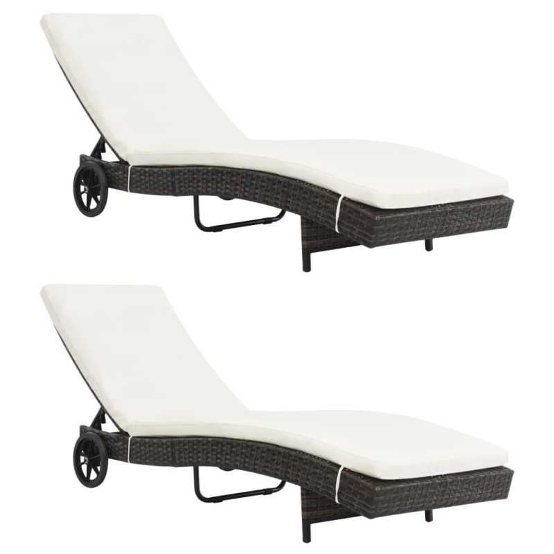vidaXL Tumbonas con ruedas y cojines 2 unidades ratán sintético marrón vidaXL Tumbonas con ruedas y cojines 2 unidades ratán sintético marrón