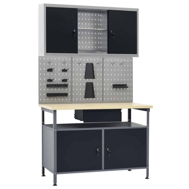 vidaXL Banco de trabajo con tres paneles de pared y un armario vidaXL Banco de trabajo con tres paneles de pared y un armario