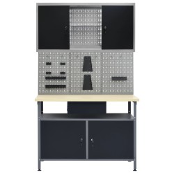 vidaXL Banco de trabajo con tres paneles de pared y un armario