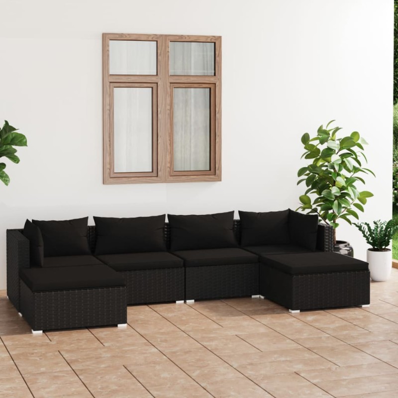vidaXL Set de muebles de jardín 6 pzas y cojines ratán sintético negro vidaXL Set de muebles de jardín 6 pzas y cojines ratán sintético negro