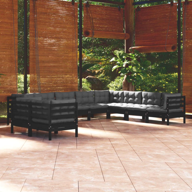 vidaXL Muebles de jardín 10 pzas y cojines negro madera maciza de pino vidaXL Muebles de jardín 10 pzas y cojines negro madera maciza de pino