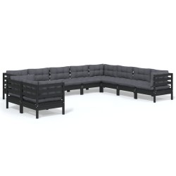 vidaXL Muebles de jardín 10 pzas y cojines negro madera maciza de pino