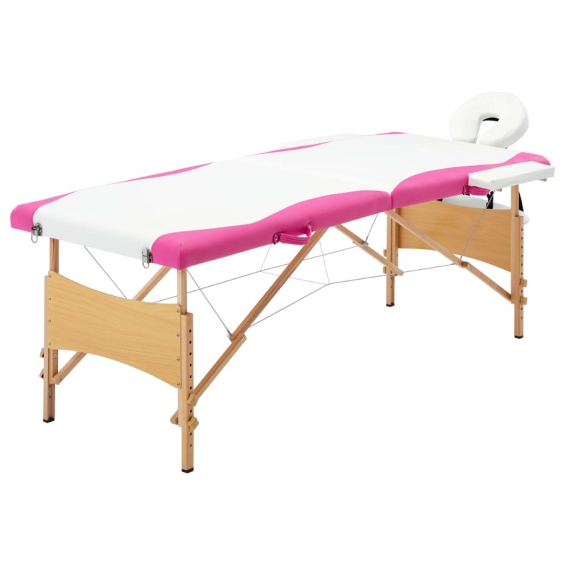 vidaXL Camilla de masaje plegable 2 zonas madera blanco y rosa vidaXL Camilla de masaje plegable 2 zonas madera blanco y rosa