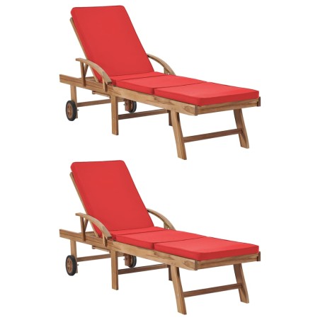 vidaXL Tumbonas con cojines 2 unidades madera maciza de teca rojo