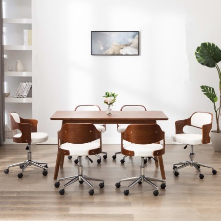 vidaXL Sillas de comedor giratorias 6 uds madera curvada cuero blanco