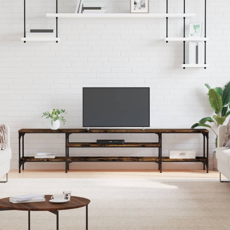 vidaXL Mueble TV madera ingeniería y hierro roble ahumado 201x35x45 cm vidaXL Mueble TV madera ingeniería y hierro roble ahumado 201x35x45 cm