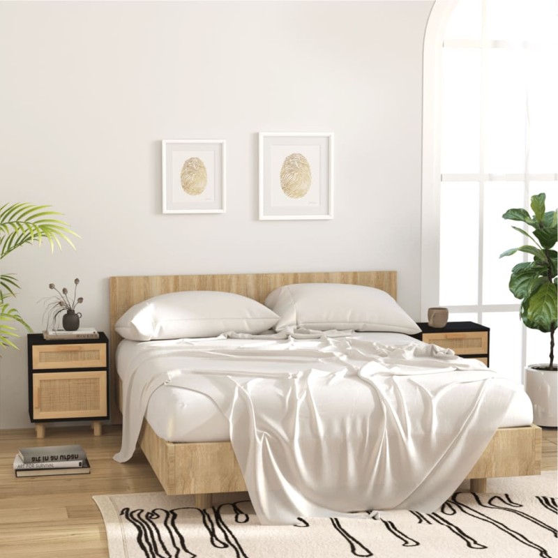 vidaXL Mesitas de noche 2 uds madera maciza pino negro ratán natural vidaXL Mesitas de noche 2 uds madera maciza pino negro ratán natural
