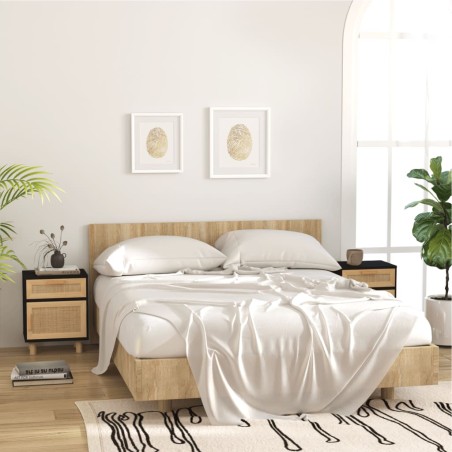 vidaXL Mesitas de noche 2 uds madera maciza pino negro ratán natural
