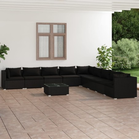 vidaXL Set de muebles de jardín 10 pzas cojines ratán sintético negro