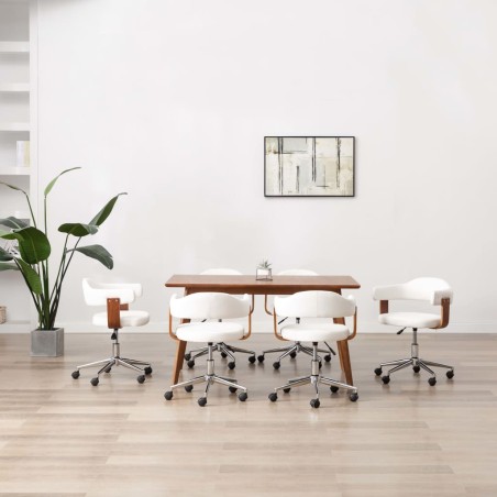 vidaXL Sillas de comedor giratorias 6 uds madera curvada cuero blanco