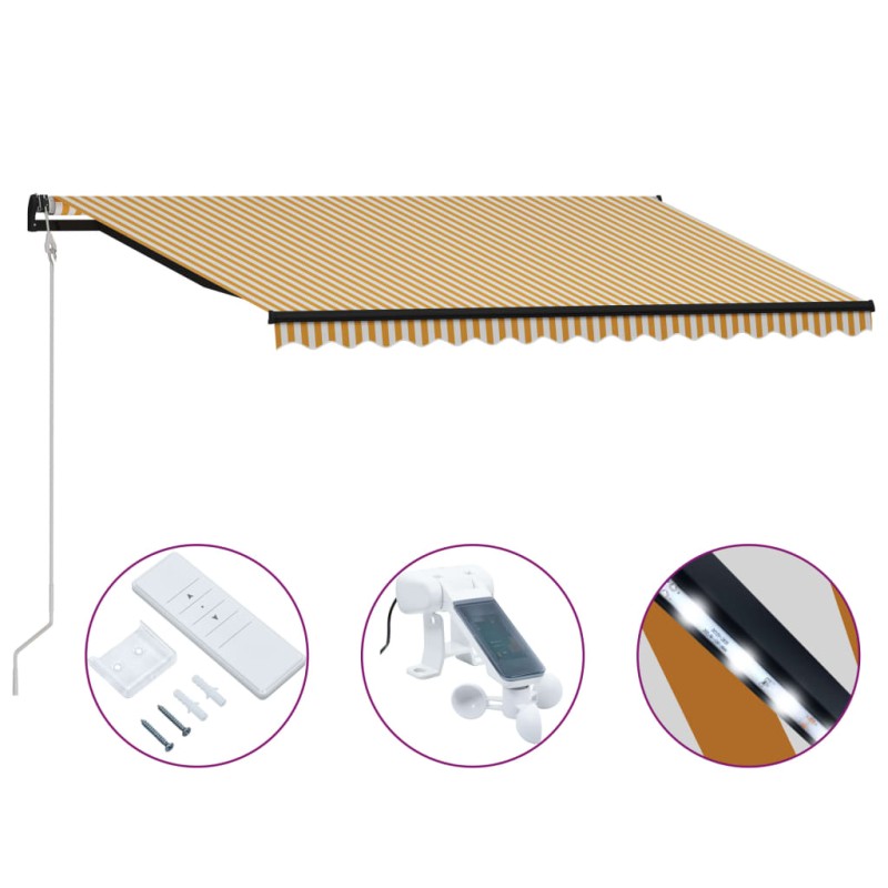 vidaXL Toldo retráctil sensor de viento LED amarillo blanco 400x300 cm vidaXL Toldo retráctil sensor de viento LED amarillo blanco 400x300 cm