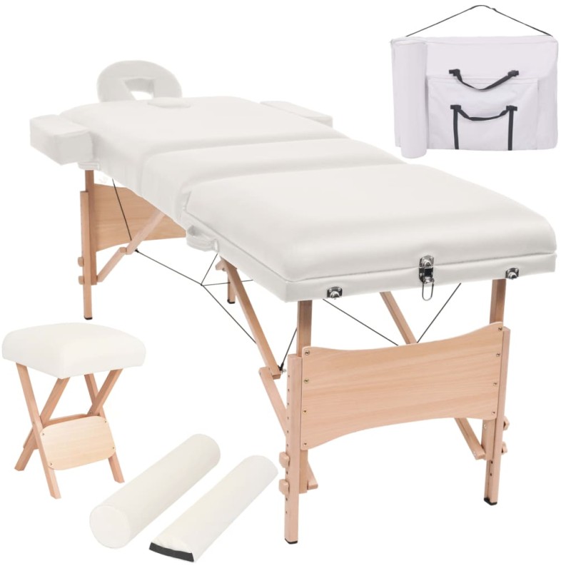 vidaXL Camilla de masaje y taburete plegable 3 zonas 10 cm blanco vidaXL Camilla de masaje y taburete plegable 3 zonas 10 cm blanco