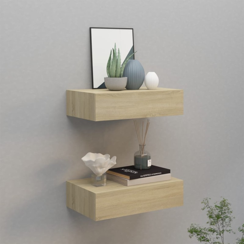 vidaXL Estantes de pared con cajón 2 uds MDF roble 40x23,5x10 cm
