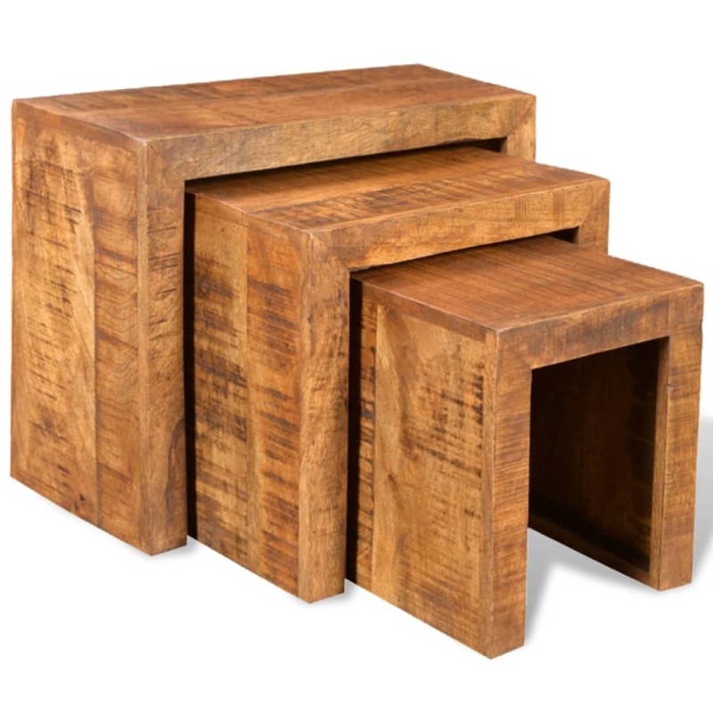 vidaXL Set de 3 mesitas apilables de madera maciza de mango vidaXL Set de 3 mesitas apilables de madera maciza de mango