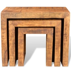 vidaXL Set de 3 mesitas apilables de madera maciza de mango 
