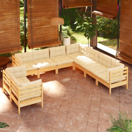 vidaXL Muebles de jardín 9 pzas y cojines madera maciza de pino crema