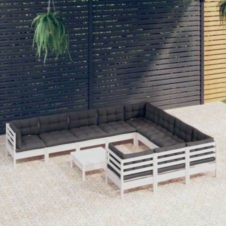 vidaXL Muebles de jardín 11 pzas y cojines blanco madera de pino
