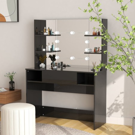 vidaXL Tocador de maquillaje luces LED MDF negro brillo 100x40x135 cm
