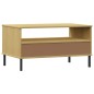 vidaXL Mesa de centro patas metal OSLO madera maciza marrón 85x50x45cm vidaXL Mesa de centro patas metal OSLO madera maciza marrón 85x50x45cm