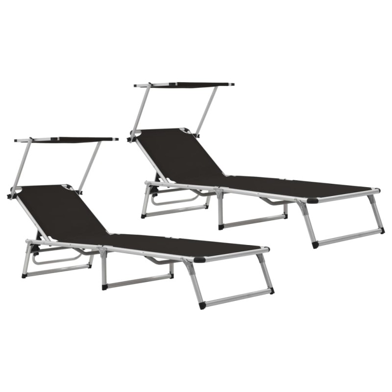 vidaXL Tumbonas plegables con toldo 2 uds aluminio y textilene negro vidaXL Tumbonas plegables con toldo 2 uds aluminio y textilene negro
